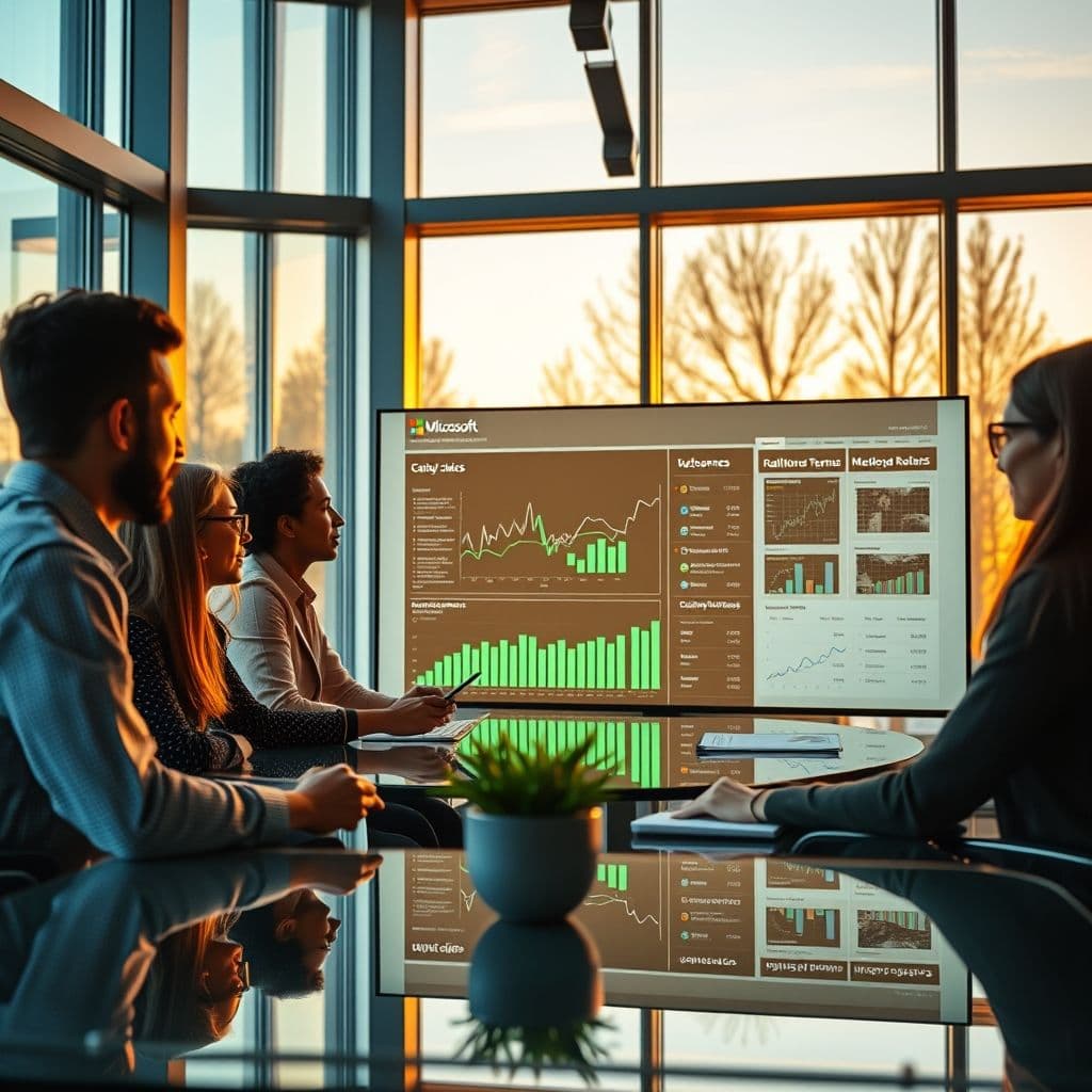 A dynamic team collaborating on revenue enablement strategies with charts and digital tools in the background.