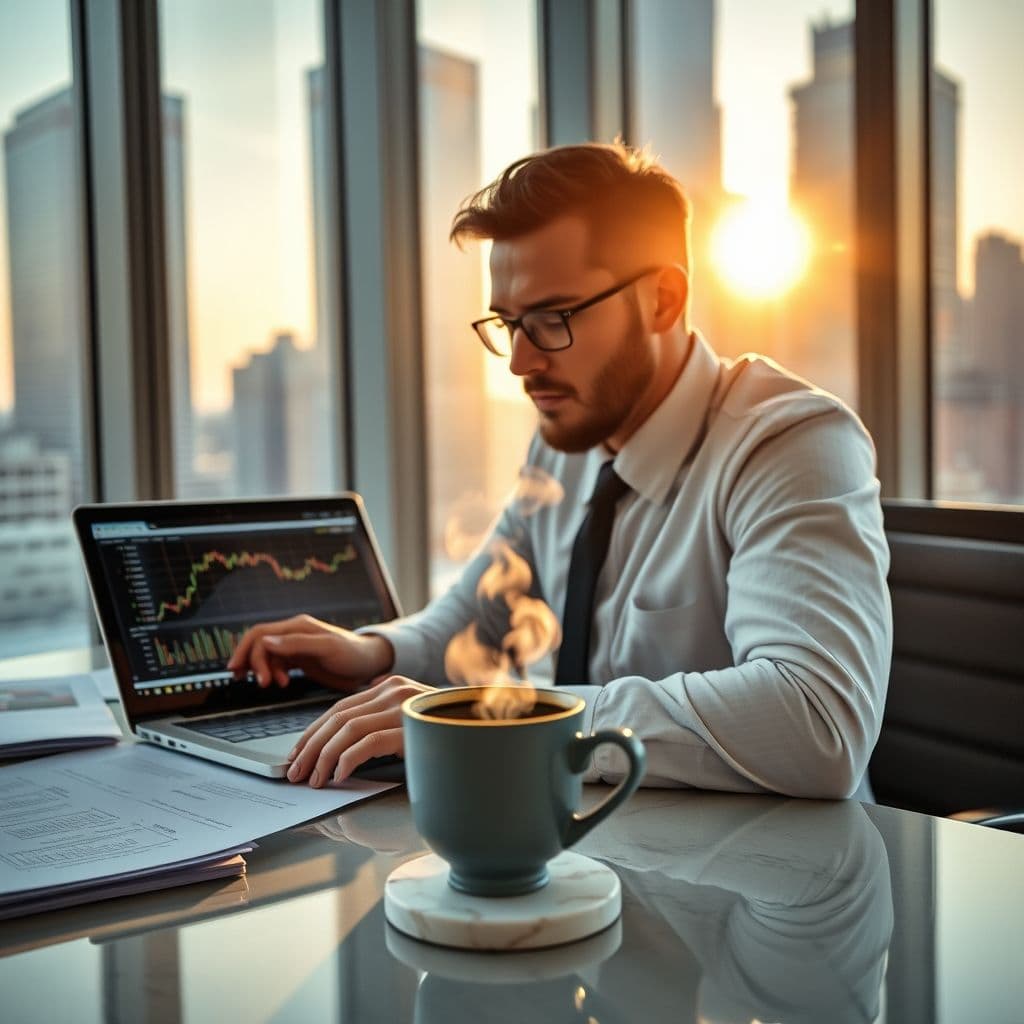 A professional researching industry trends on a laptop.