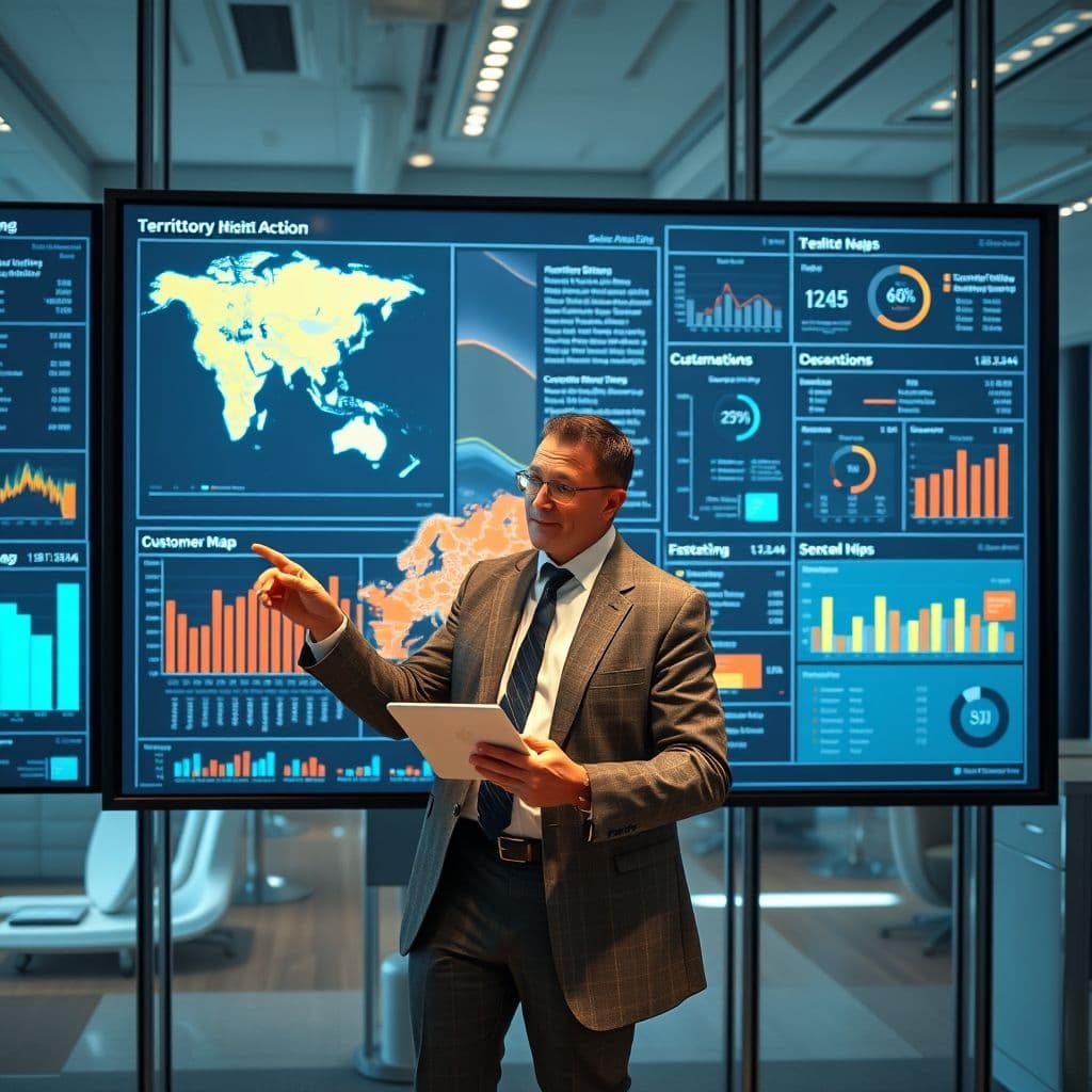 Professional territory account manager analyzing sales data and customer relationships on digital dashboard