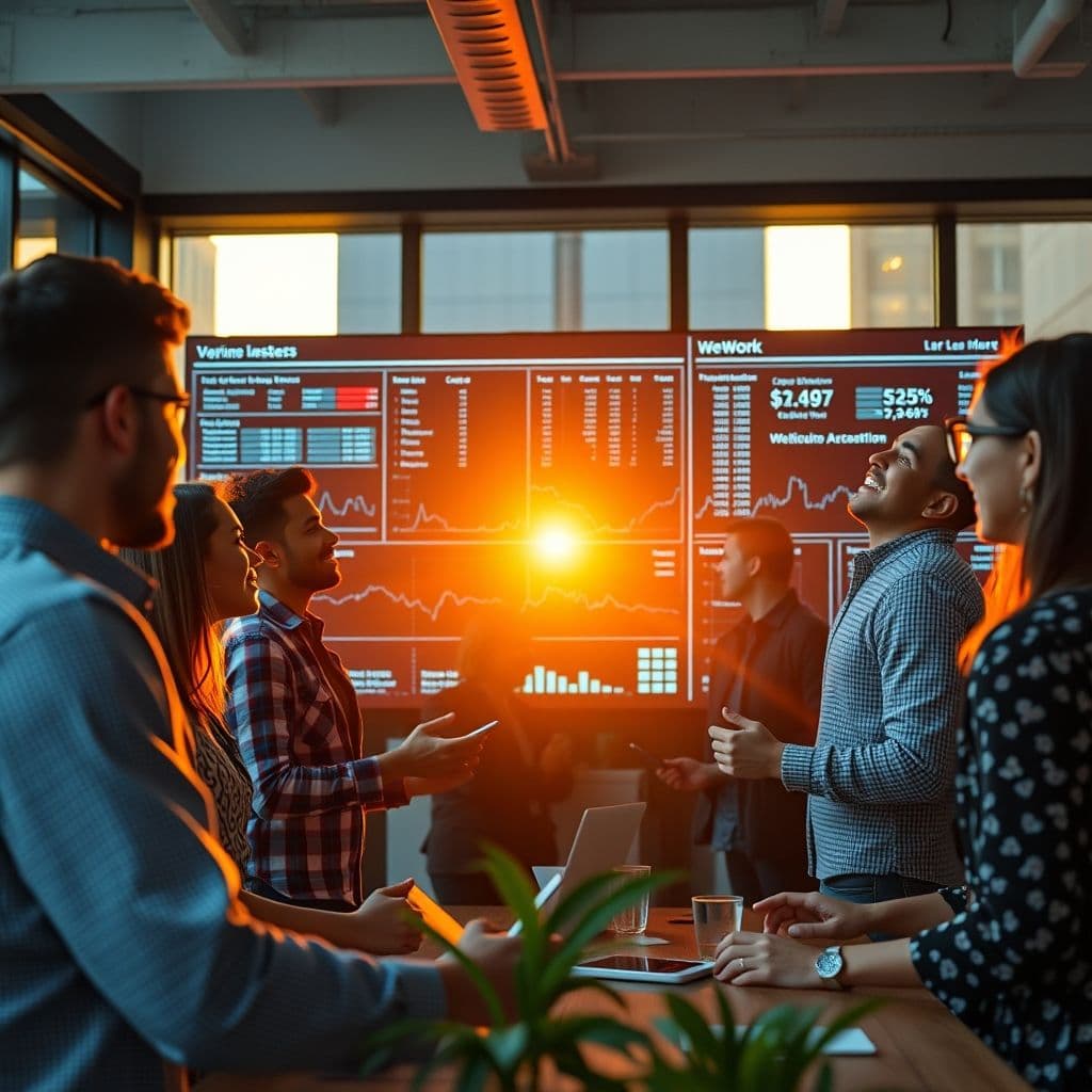 A dynamic team of sales professionals collaborating with digital tools and charts.