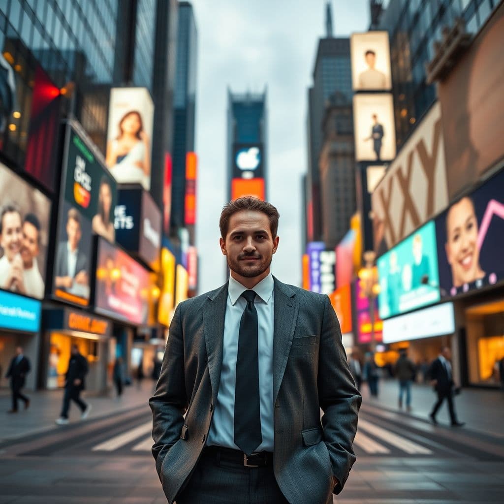 Professional standing confidently at a crossroads with multiple career paths ahead