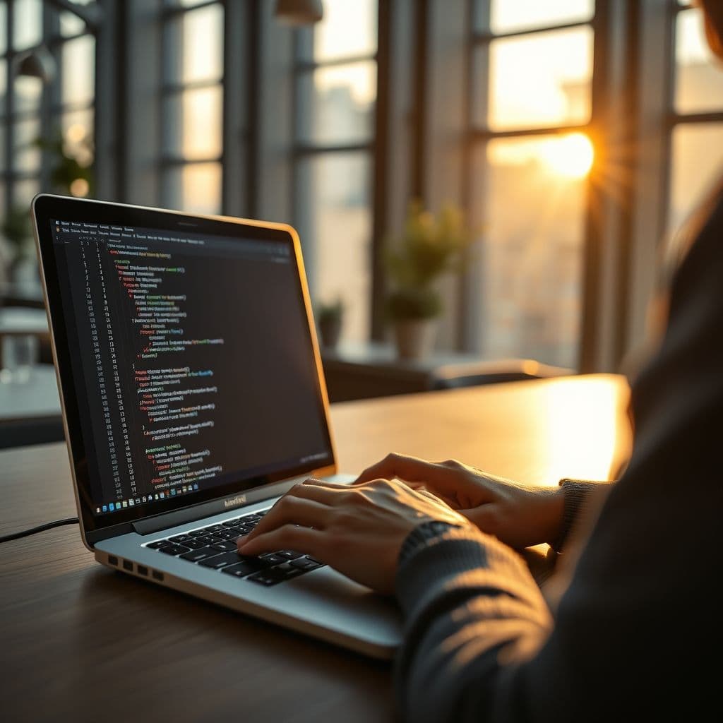 A developer writing JavaScript code on a laptop.