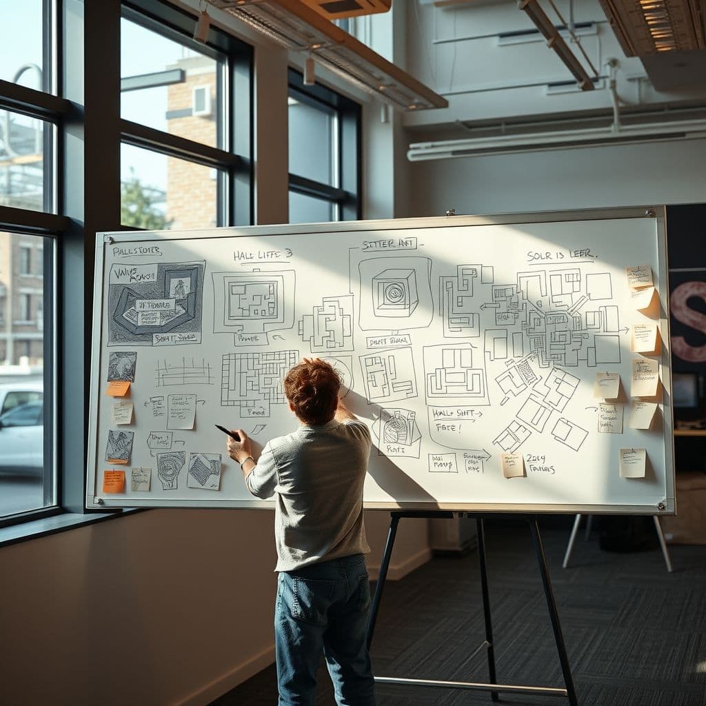 A game designer sketching level layouts and mechanics on a whiteboard.