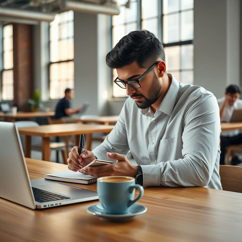 A salesperson preparing responses to common objections in a notebook.