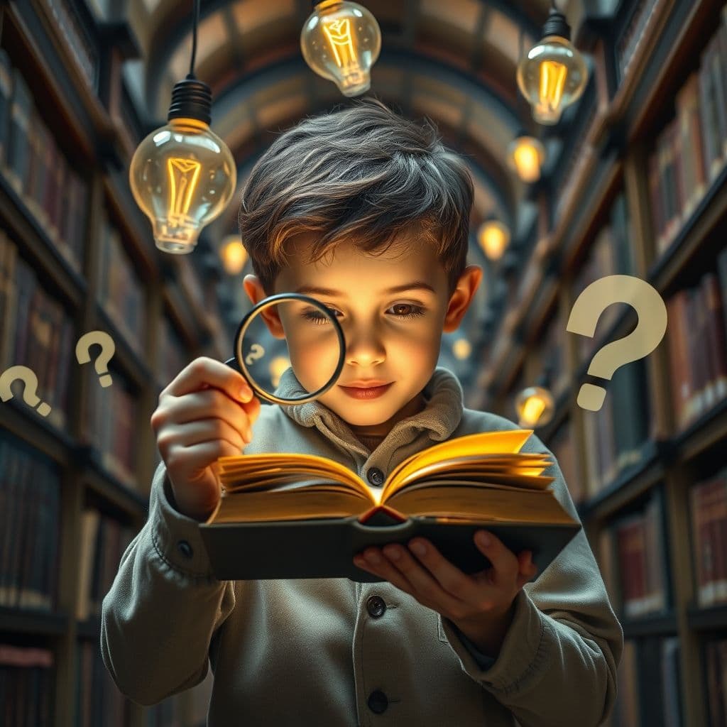 A person exploring a world of ideas with a magnifying glass, symbolizing curiosity.