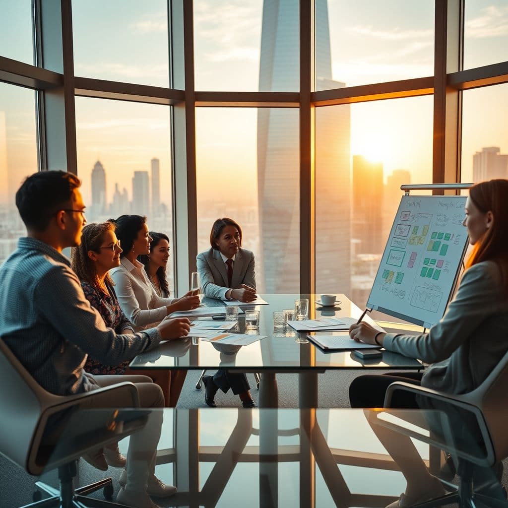 A professional team engaged in a corporate communication meeting.