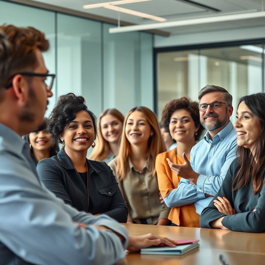A team meeting where participants are validating each other's ideas with positive body language.