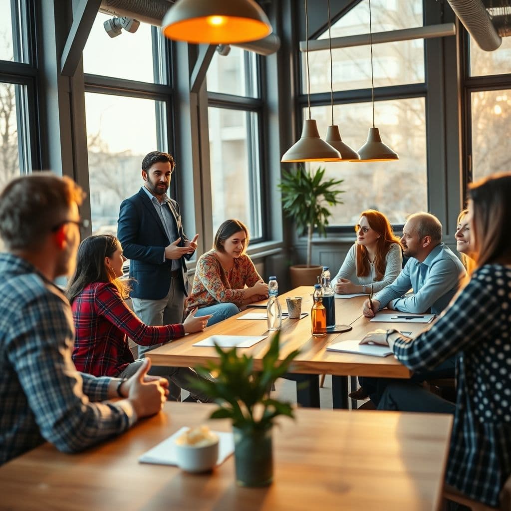 A facilitator delivering a training session to a diverse group of employees.