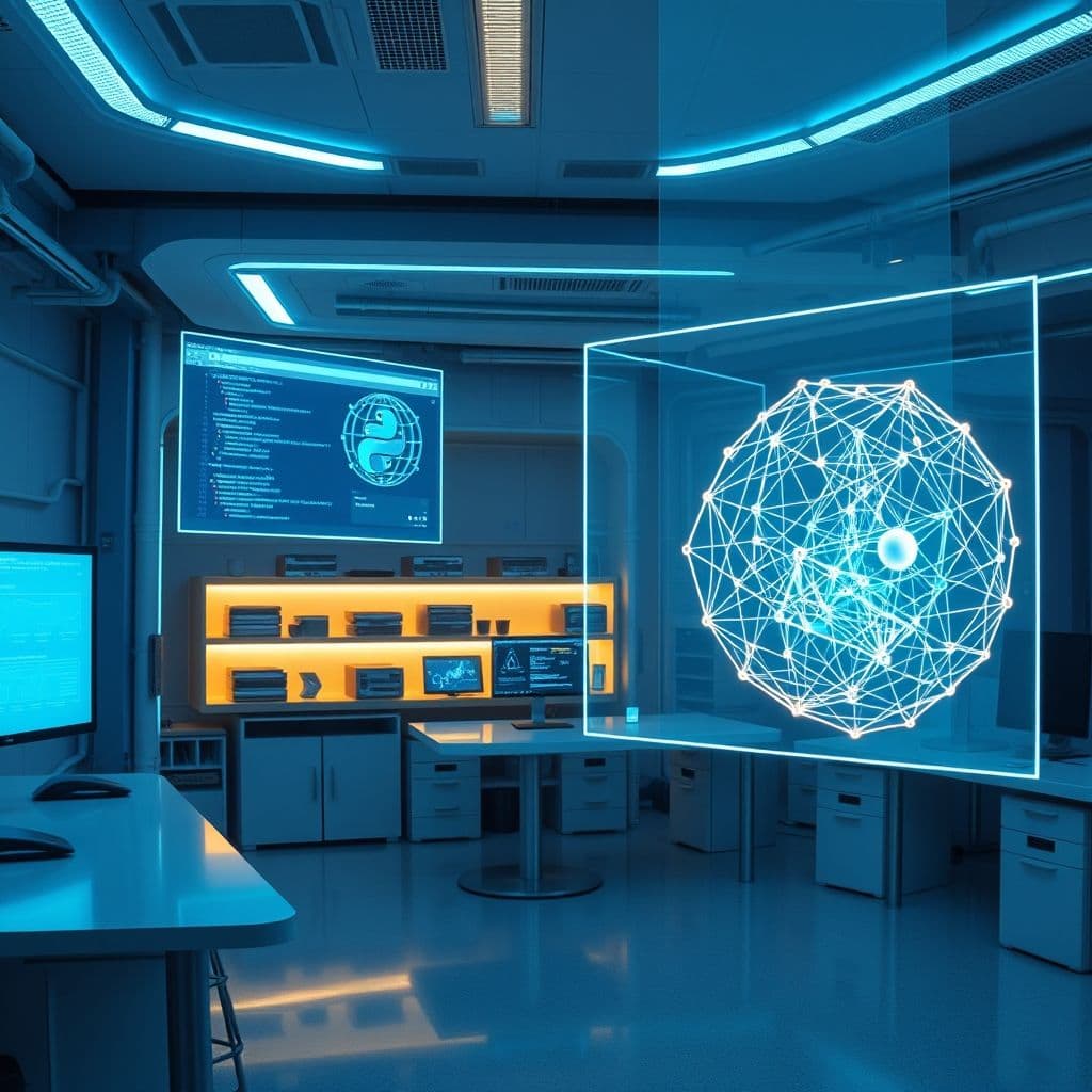 Advanced Python concepts visualized with data science and web development elements.