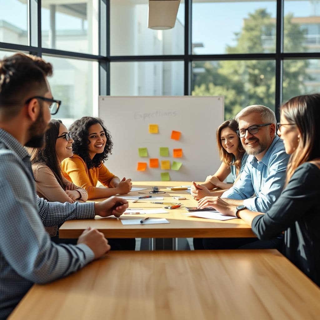 A team discussing expectations in a meeting room.