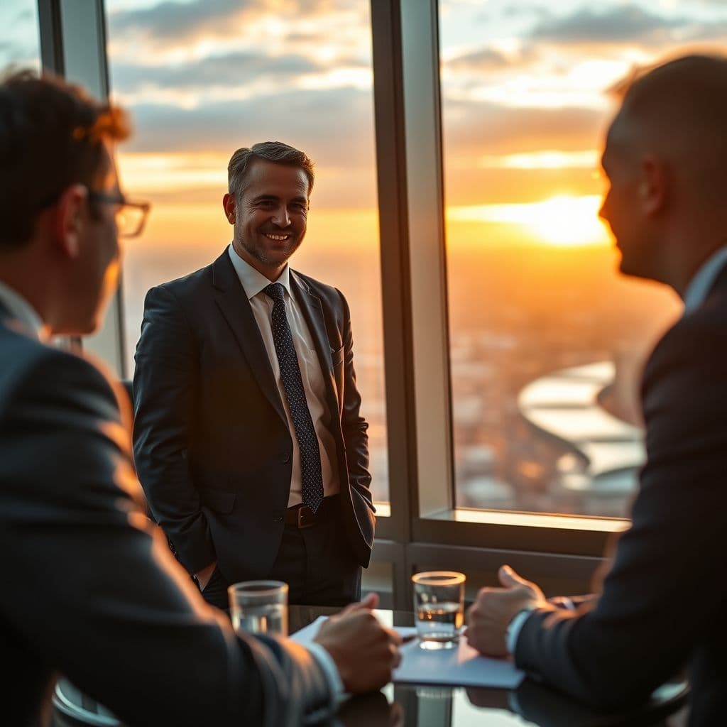 A confident salesperson addressing a customer's concerns in a professional setting.