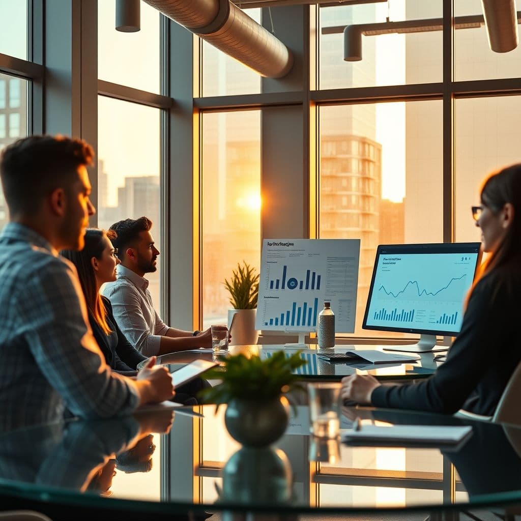 A professional Customer Success Director leading a team meeting with data charts in the background.