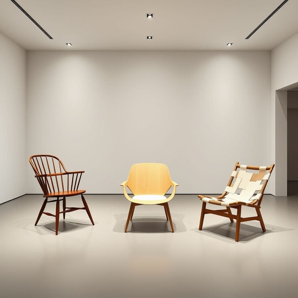Workshop display of three chair styles side by side showing traditional, modern, and contemporary designs