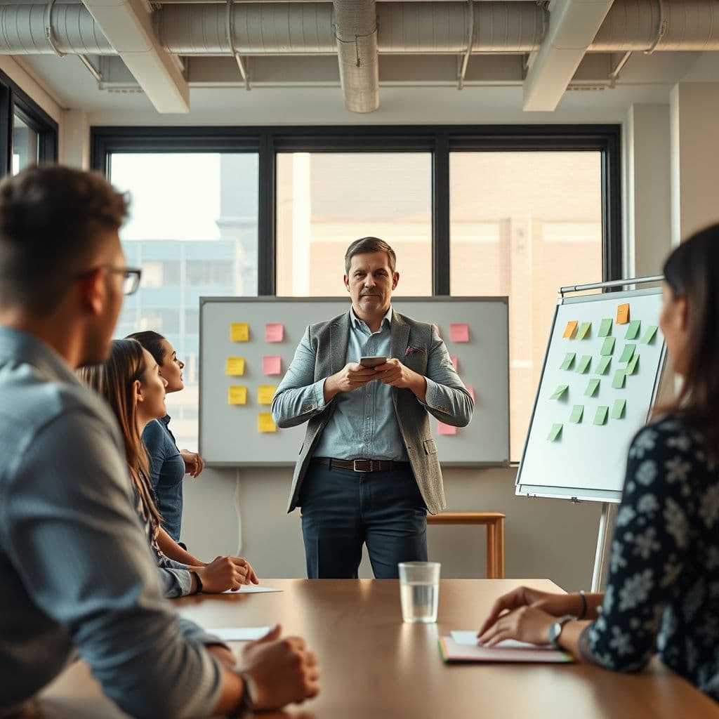 Professional facilitator leading an engaged team discussion in a modern workshop setting