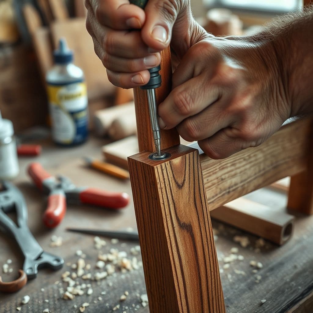A hand tightening a screw on a wooden chair joint.