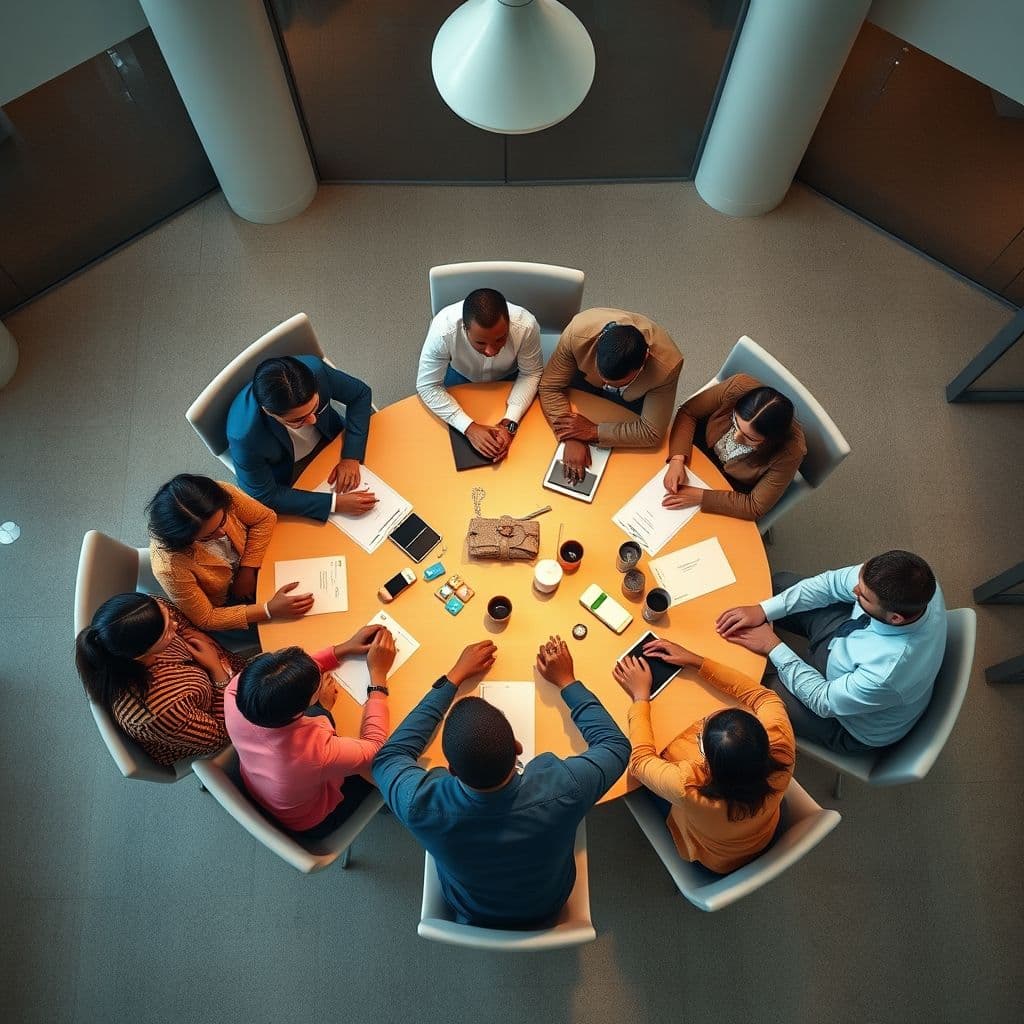Diverse group of professionals collaborating around a table with cultural symbols subtly integrated