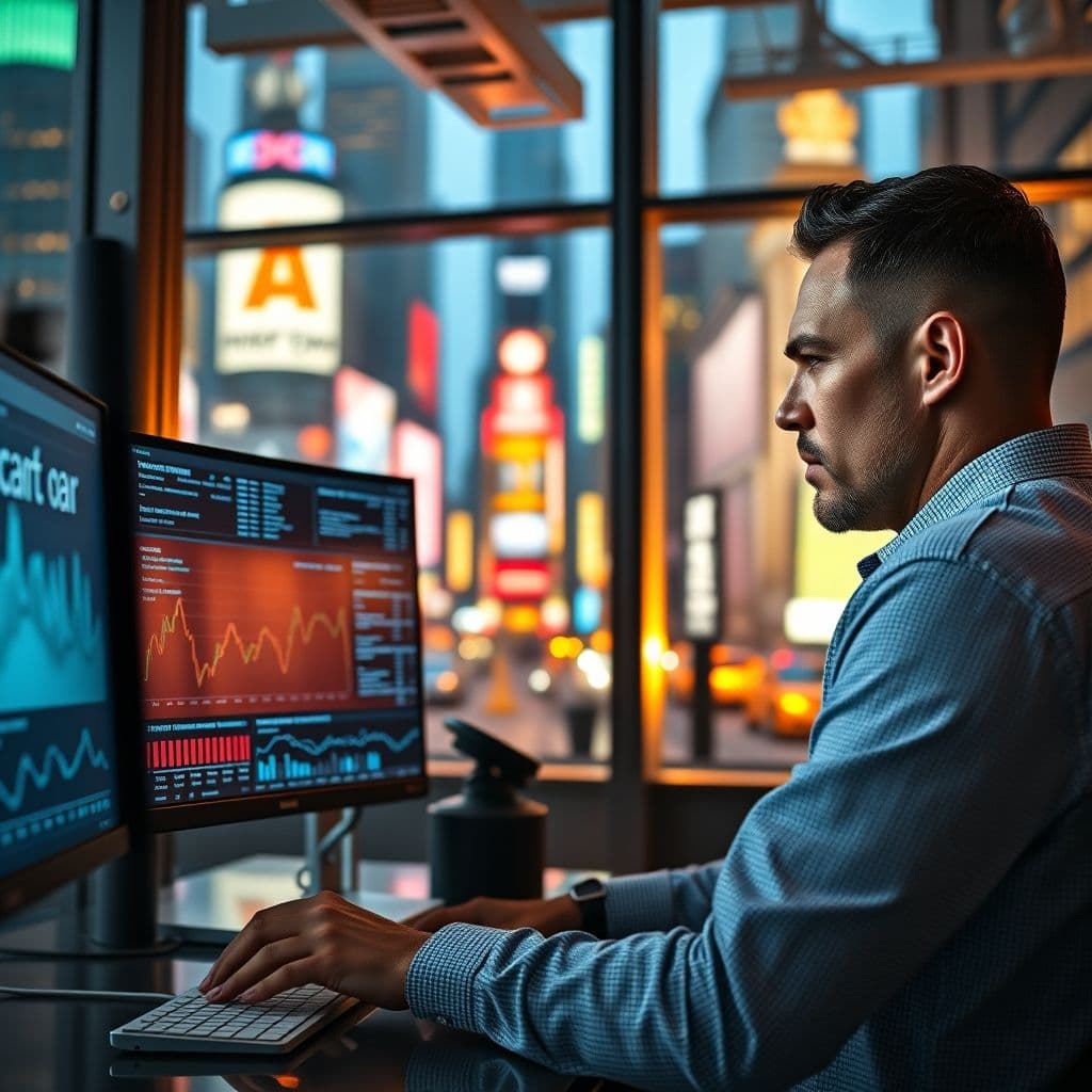 A PR professional analyzing digital marketing data on multiple screens.