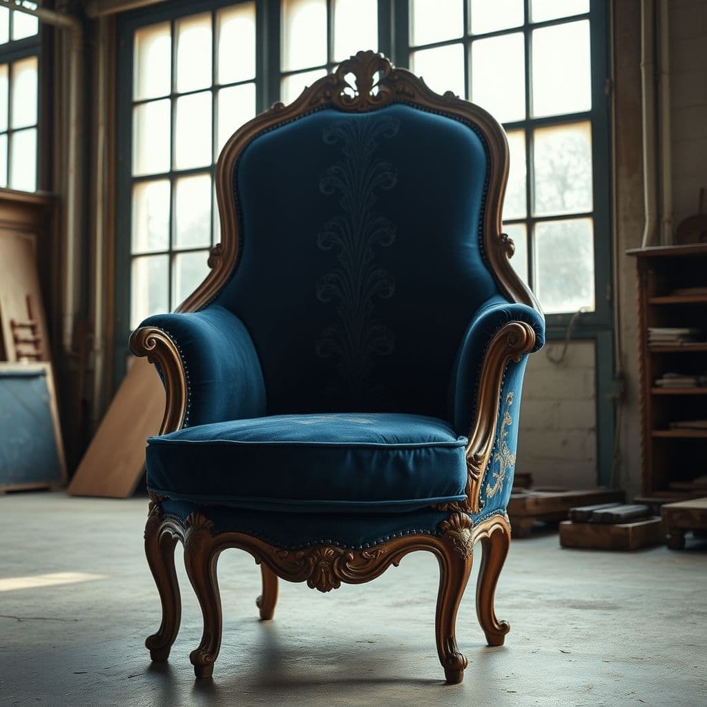 A beautifully restored antique chair with polished wood and new upholstery.