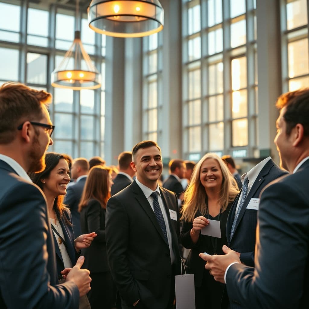 A group of professionals networking at a business event.