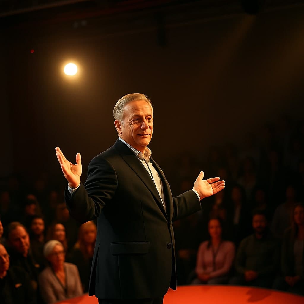 A confident speaker addressing an engaged audience in a well-lit auditorium.