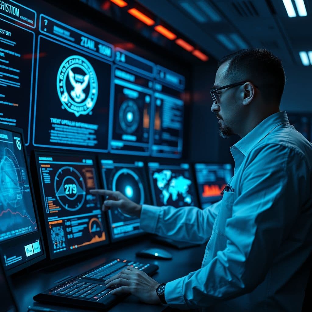 A cybersecurity professional analyzing security threats on a digital interface.