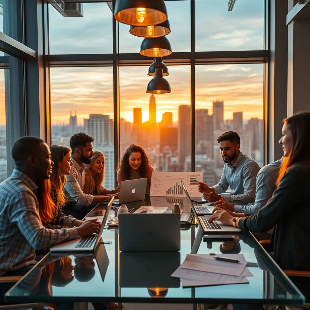 A dynamic marketing team brainstorming strategies with charts and digital devices.