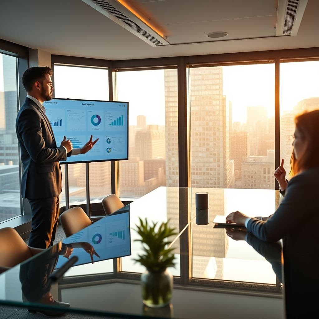 A product manager presenting to a group of stakeholders.