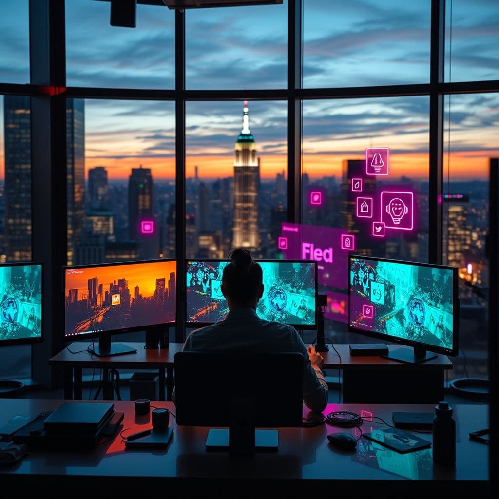 A vibrant digital storytelling scene with a person crafting a narrative on multiple screens.