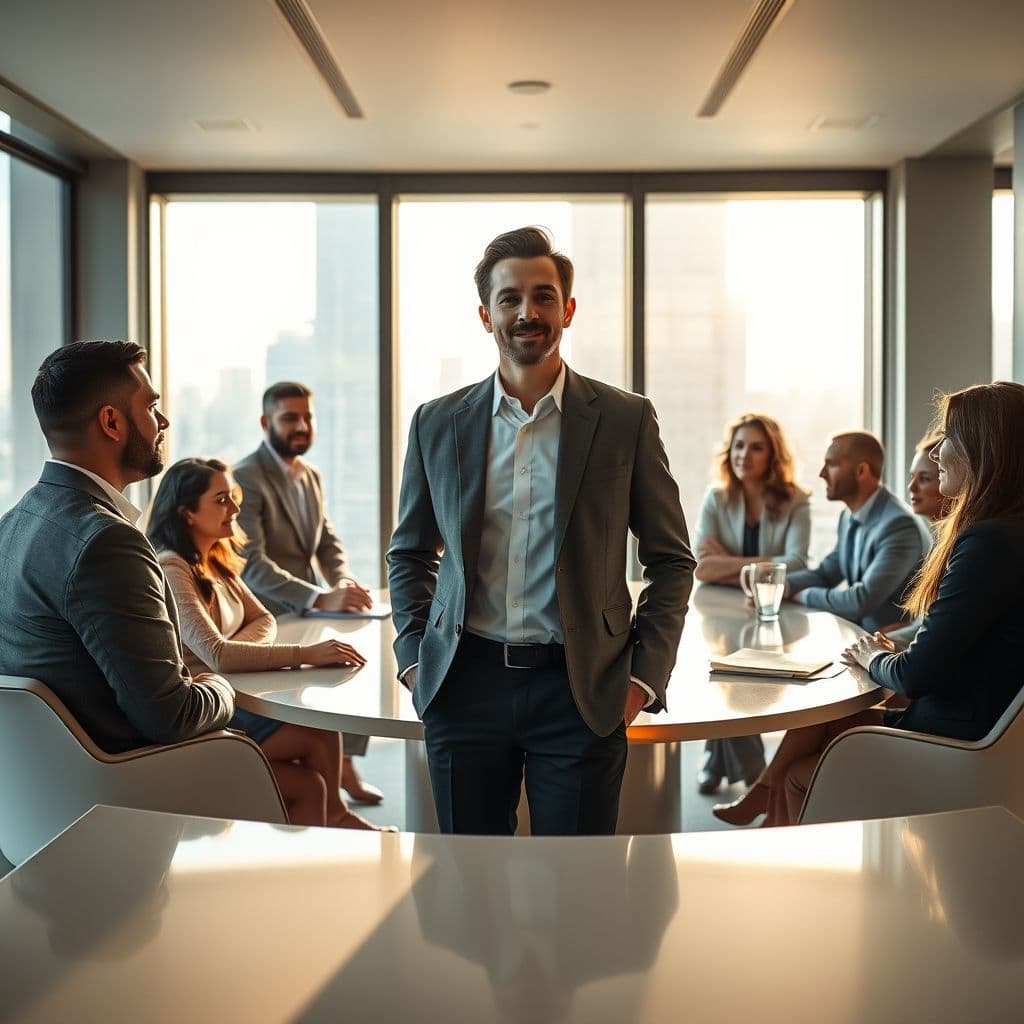 An executive leading a meeting with confidence and authenticity.