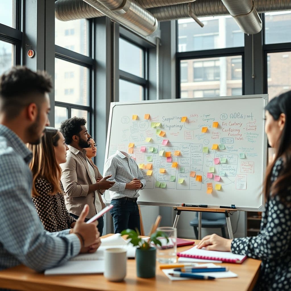 A creative team brainstorming content ideas on a whiteboard.