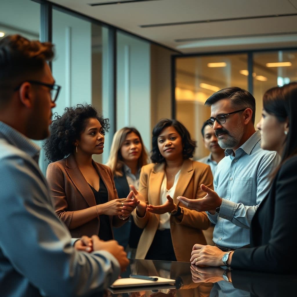 A diverse group of people engaged in effective communication in a professional setting.