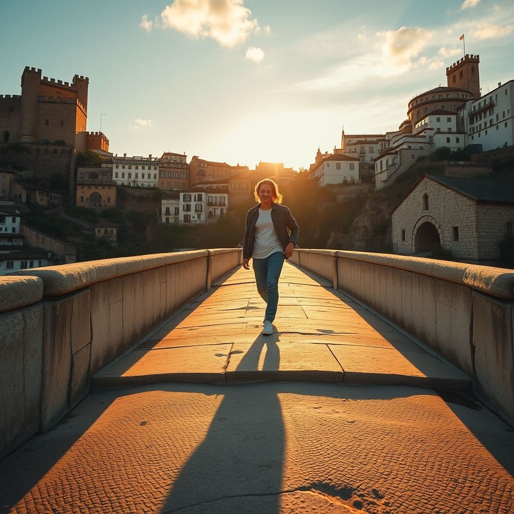 Person taking bold action steps on a bridge between old and new perspectives