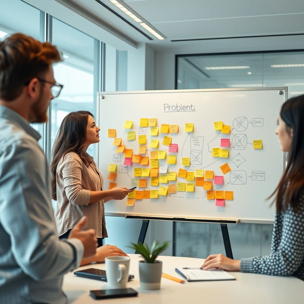 A team mapping out a problem statement on a whiteboard.