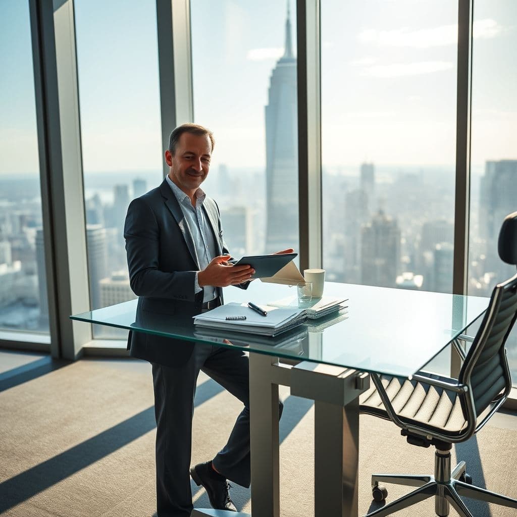 A professional office manager organizing tasks in a modern office environment.