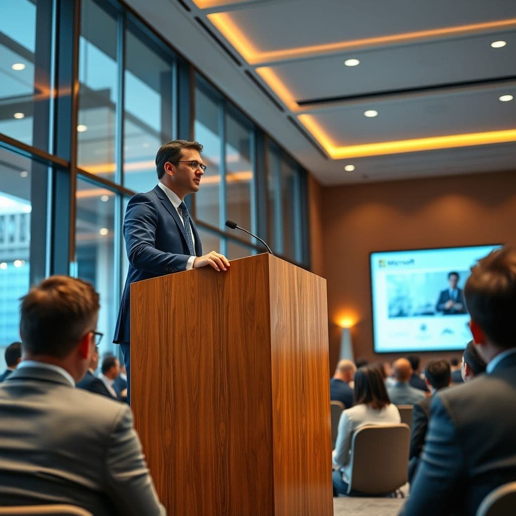 Professional delivering a presentation to a corporate audience.