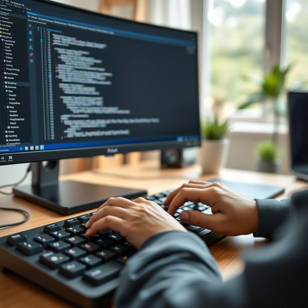 A beginner writing their first Python program with proper syntax highlighting.