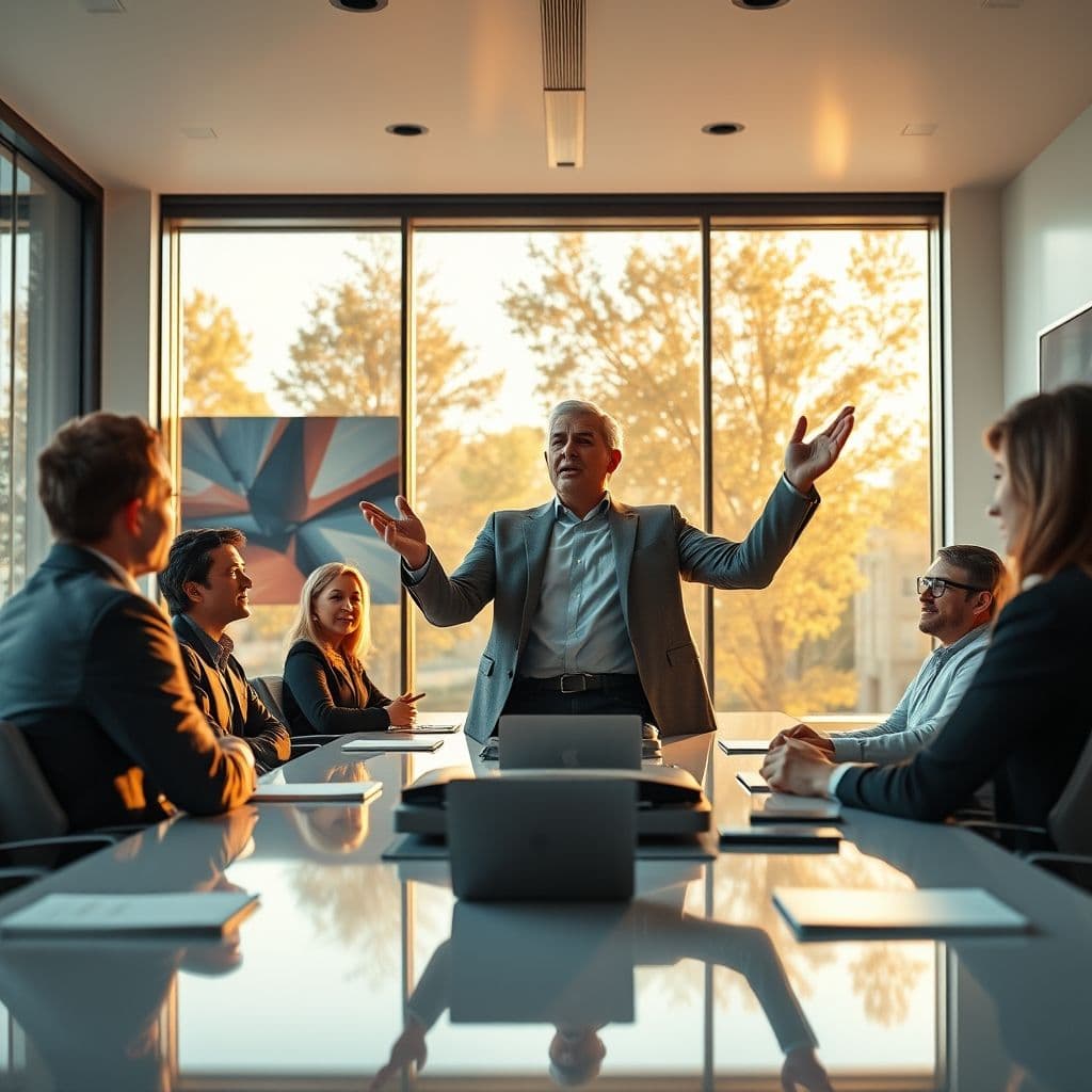 A confident executive speaking in a boardroom, exuding leadership and presence.