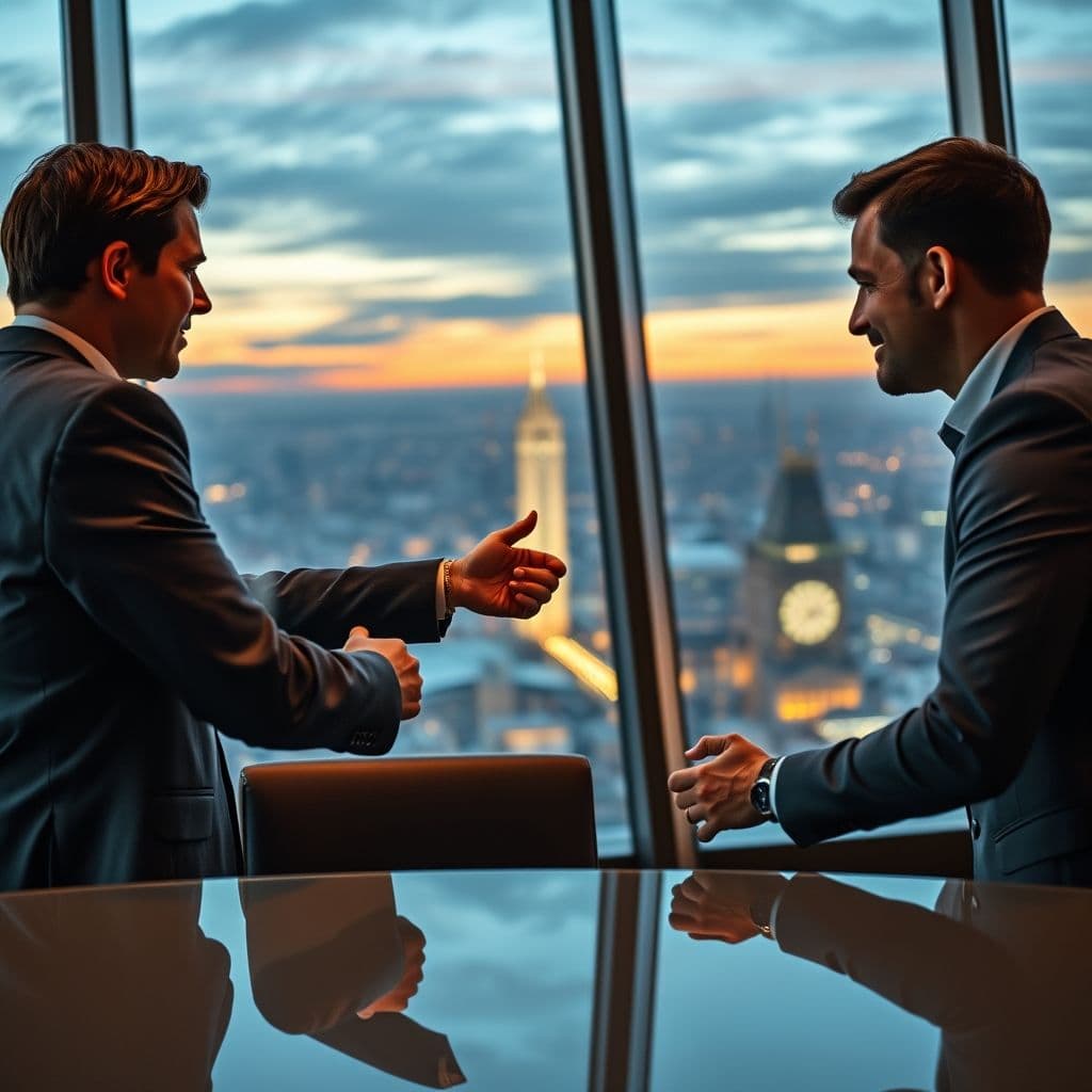 A sales executive negotiating with a client in a meeting room.