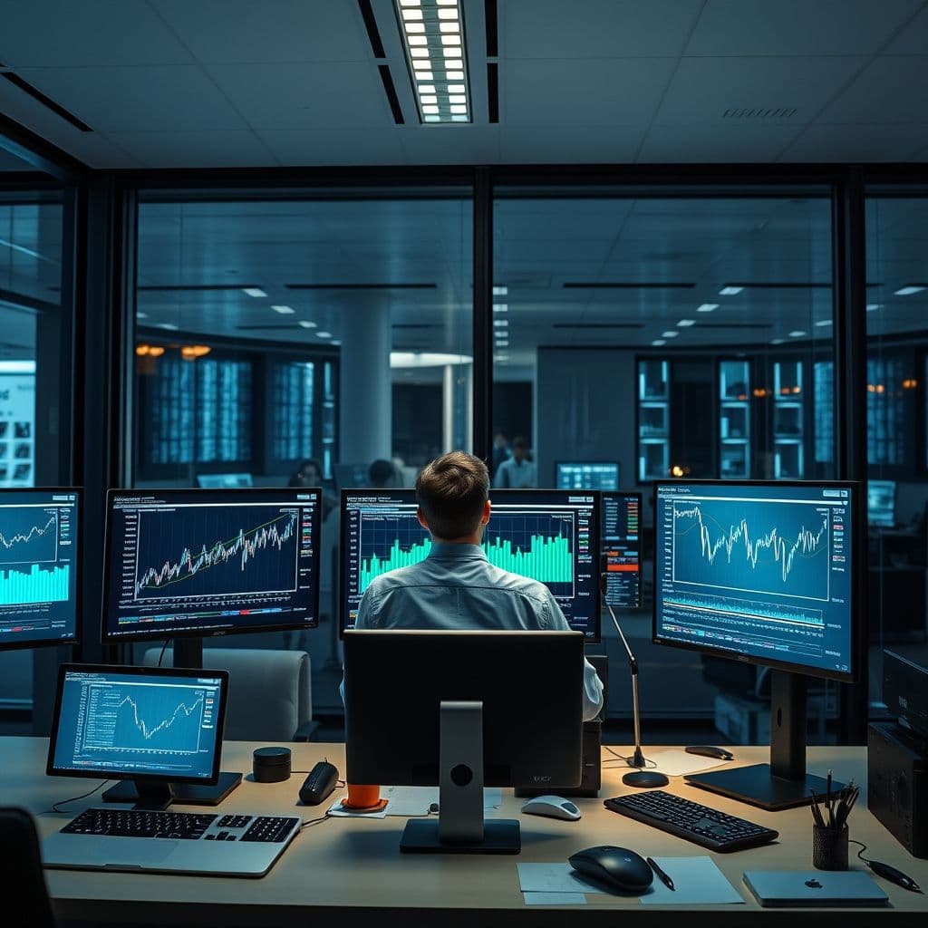 Professional analyzing industry data and trends on multiple screens in a modern office