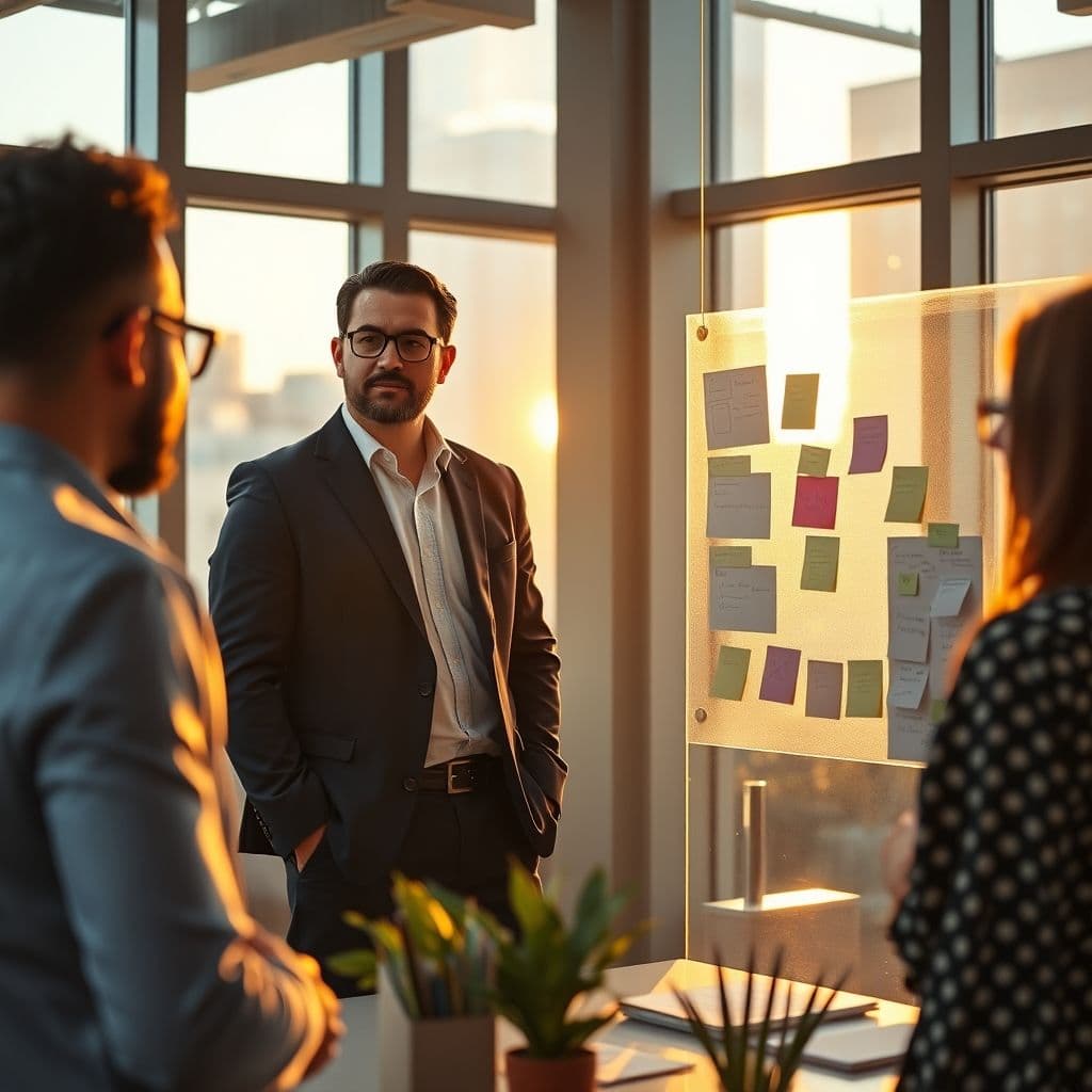 A confident product manager leading a team meeting with a whiteboard full of ideas.