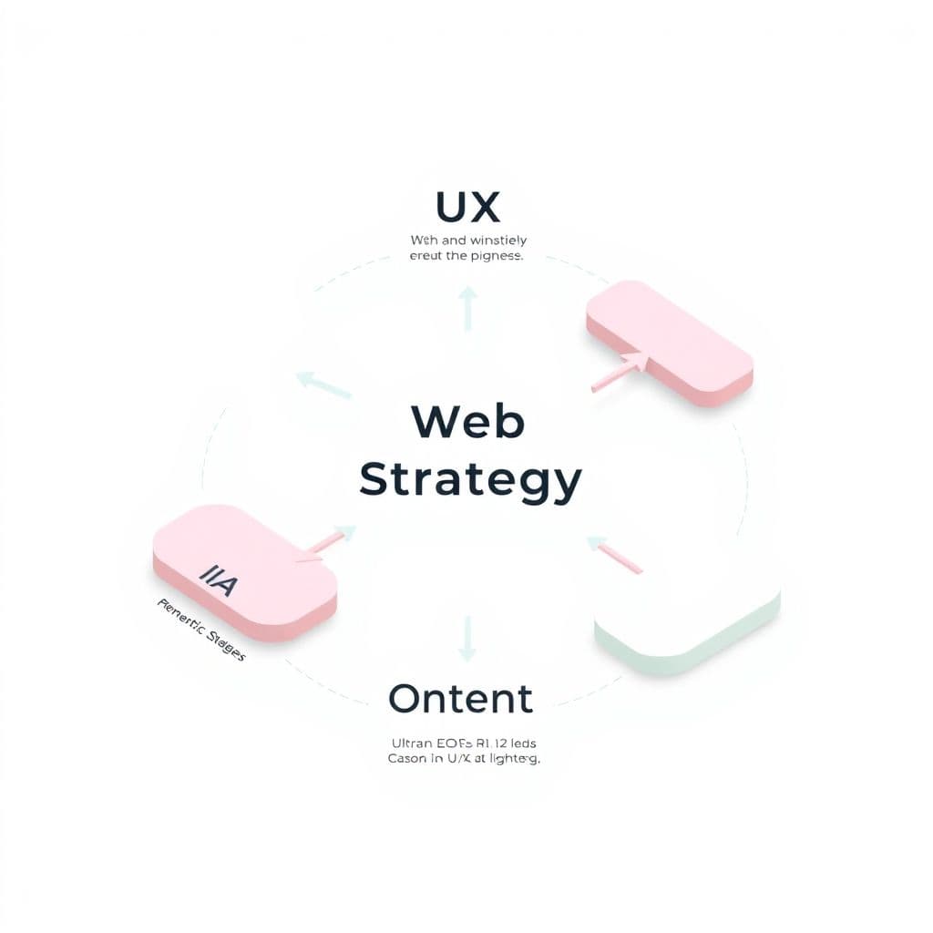 A flowchart illustrating the components of web strategy: UX, IA, and content.