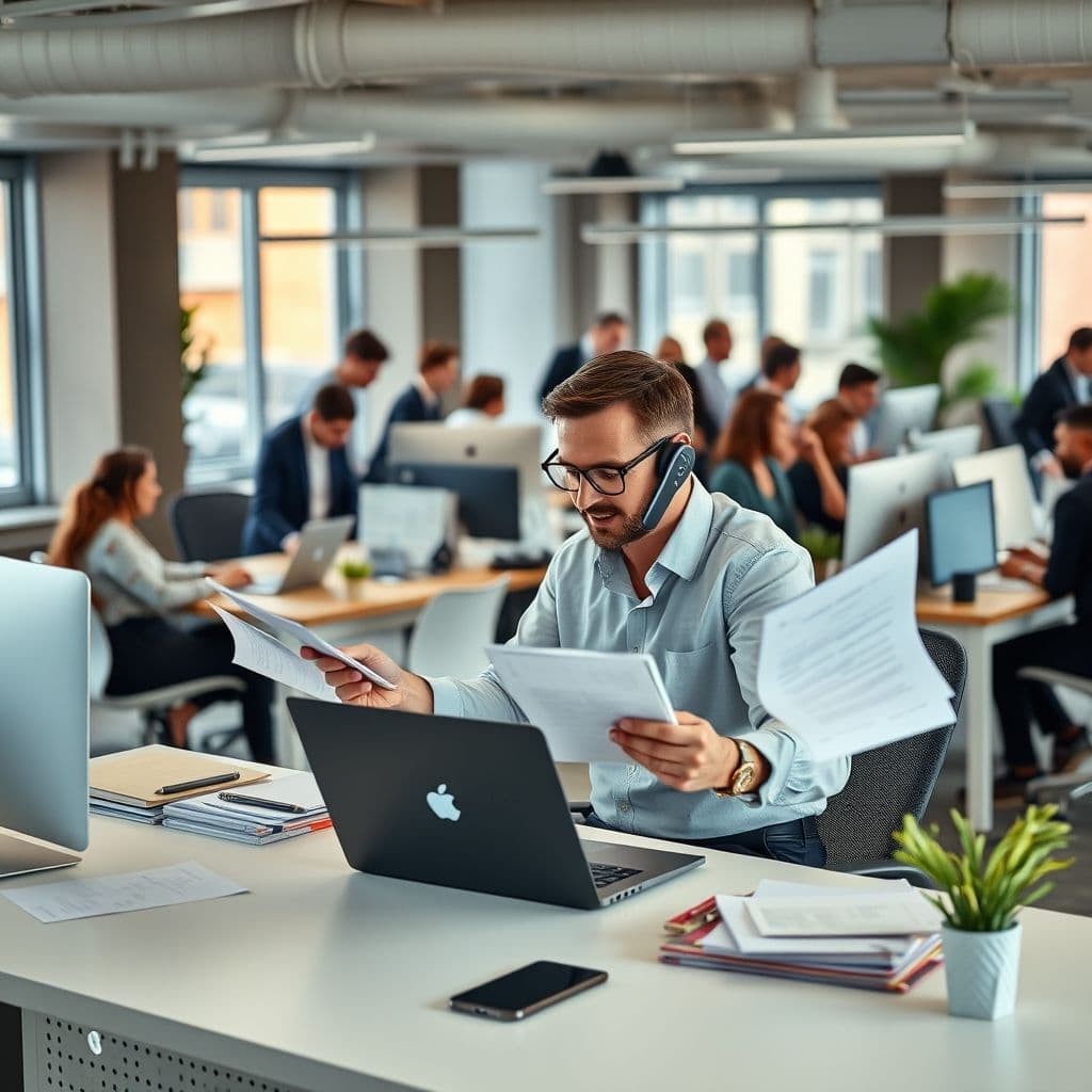 An office manager coordinating tasks in a busy office.