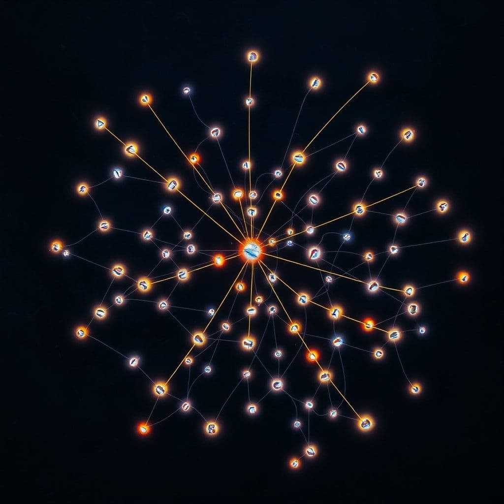 A network graph visualization showing notes as nodes connected by lines, with color-coded tags, representing a knowledge web.