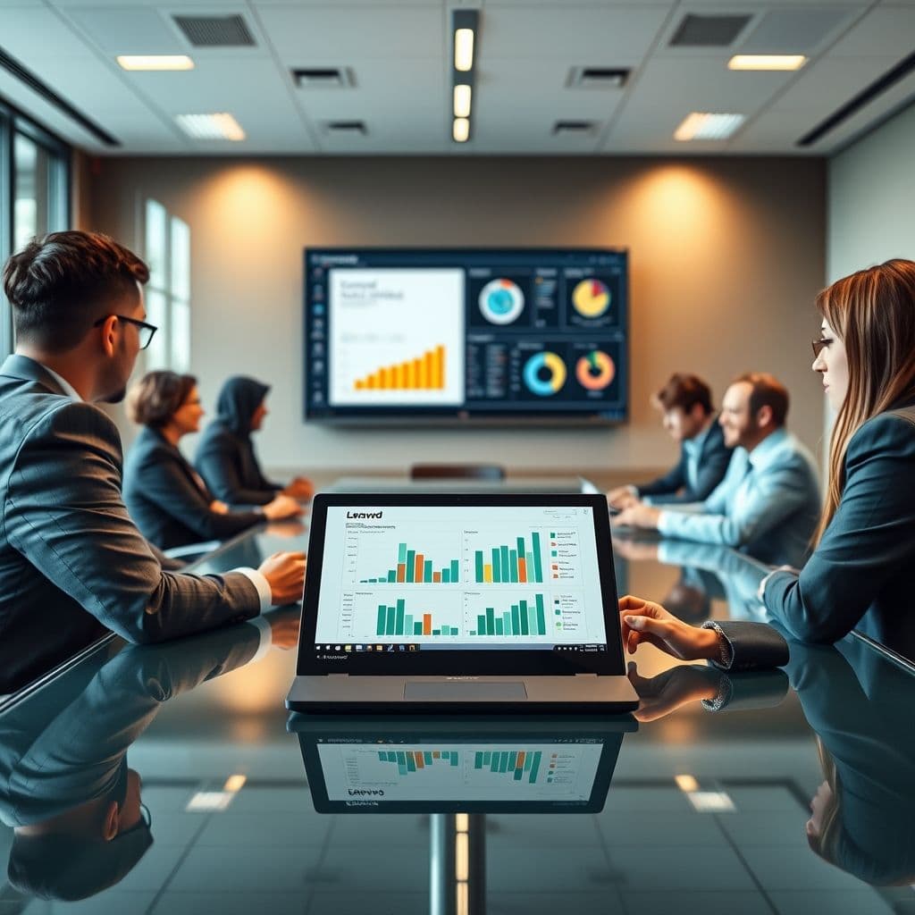 Illustration of a sales team analyzing data and collaborating.
