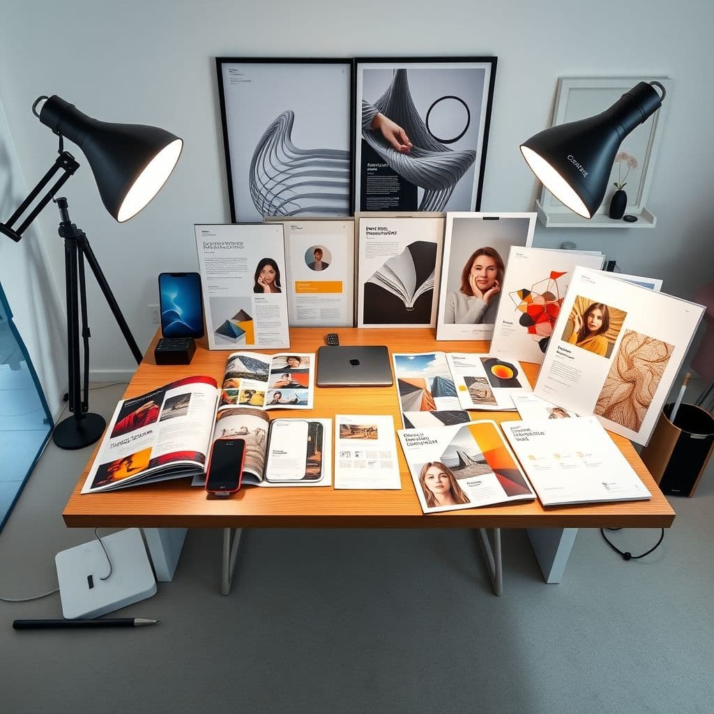 Collage of real design projects including UI designs, marketing materials, and brand identity elements