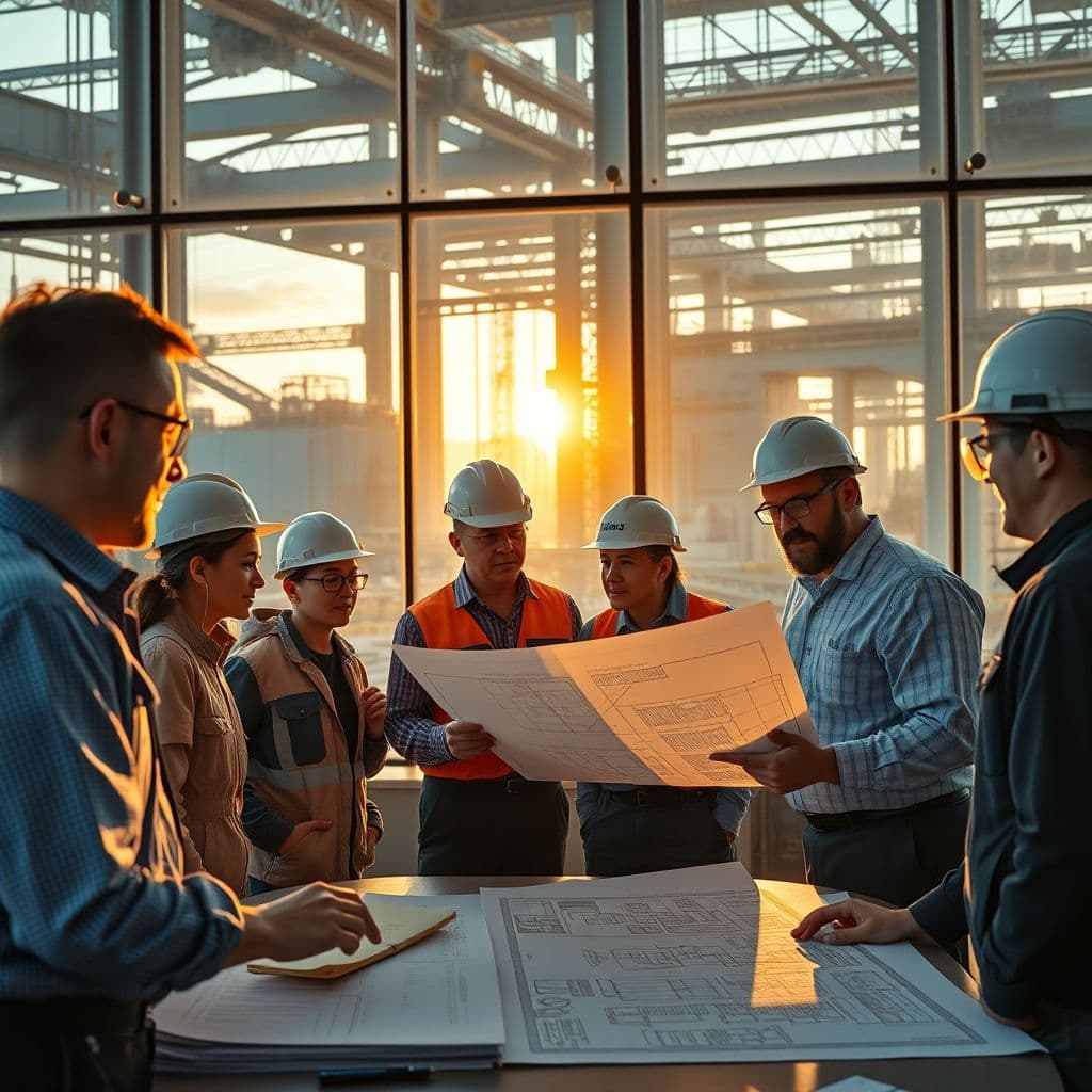 A dynamic scene of engineers working on infrastructure projects with blueprints and digital tools.