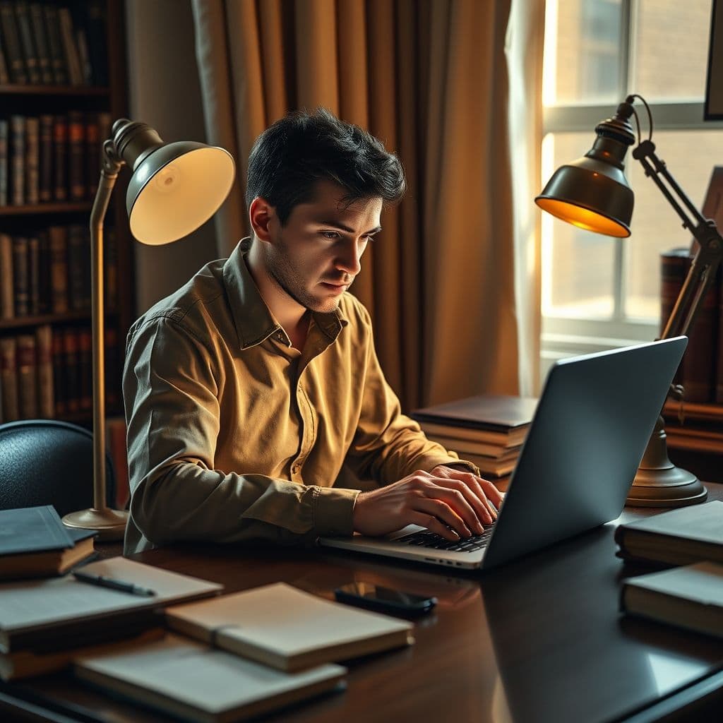 A professional researching industry trends on a laptop.