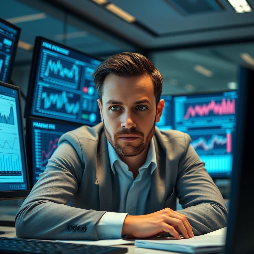 Financial analyst working with complex data models and risk assessment charts on computer screens