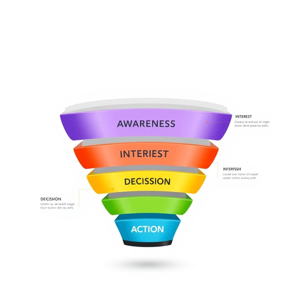 Illustration of a sales funnel with stages from awareness to purchase.