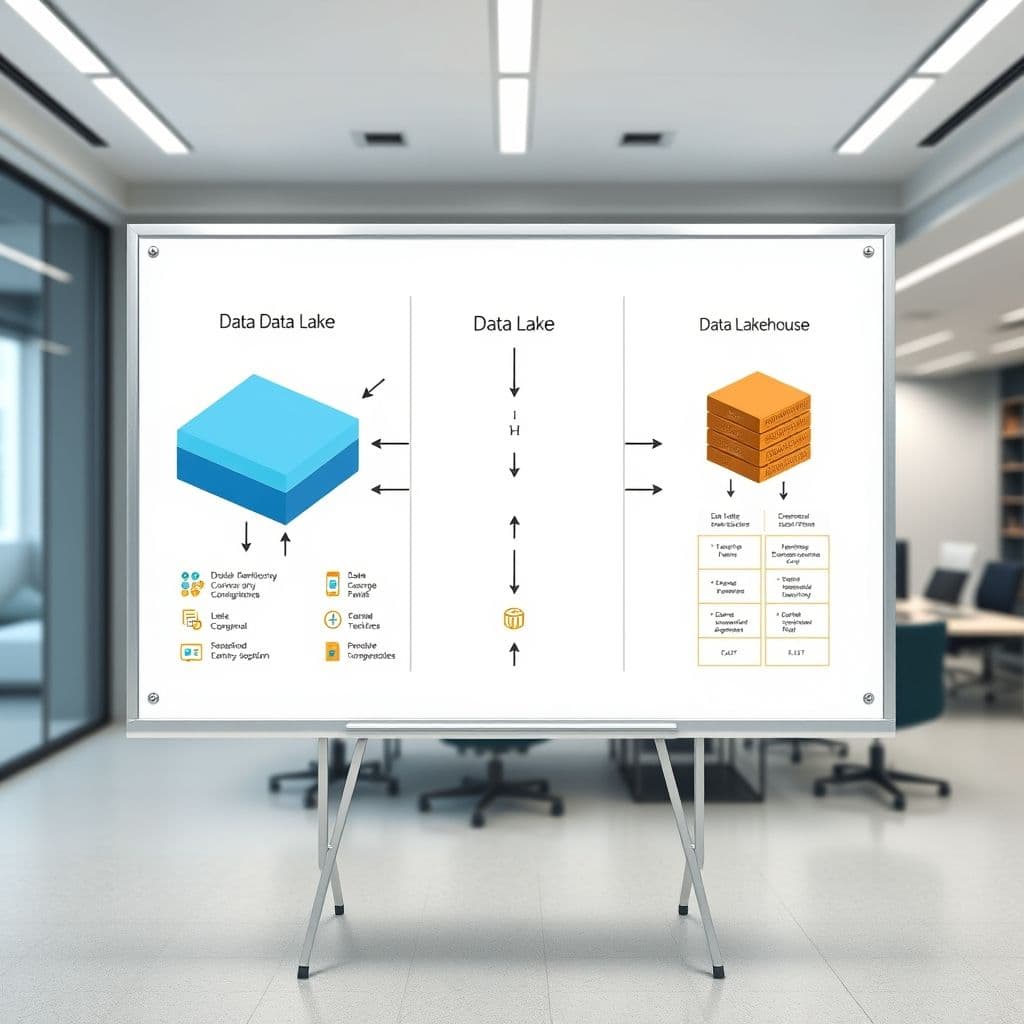 Comparison between Data Lake, Data Warehouse, and Data Lakehouse.